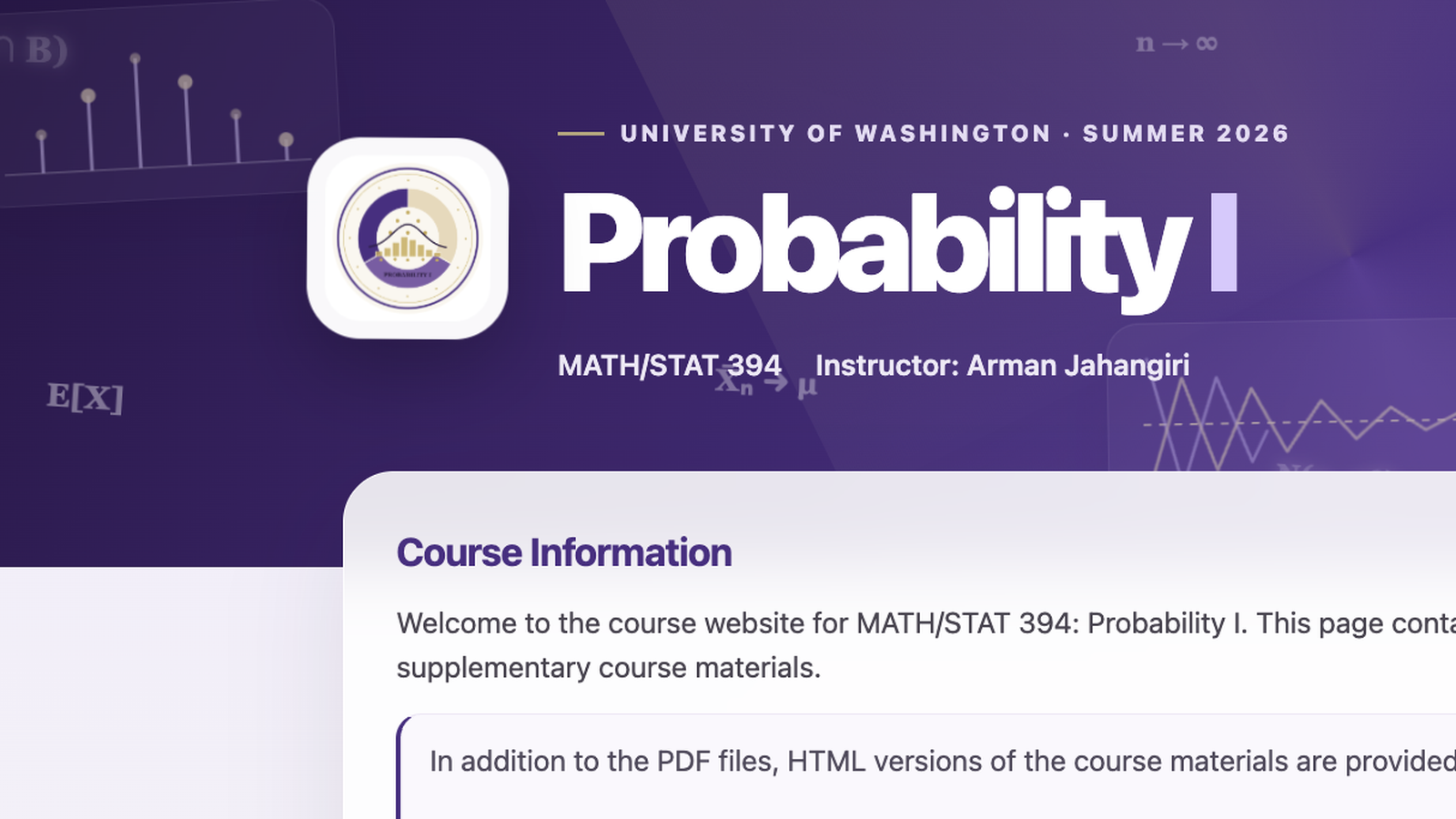 Preview of the redesigned MATH/STAT 394 course website